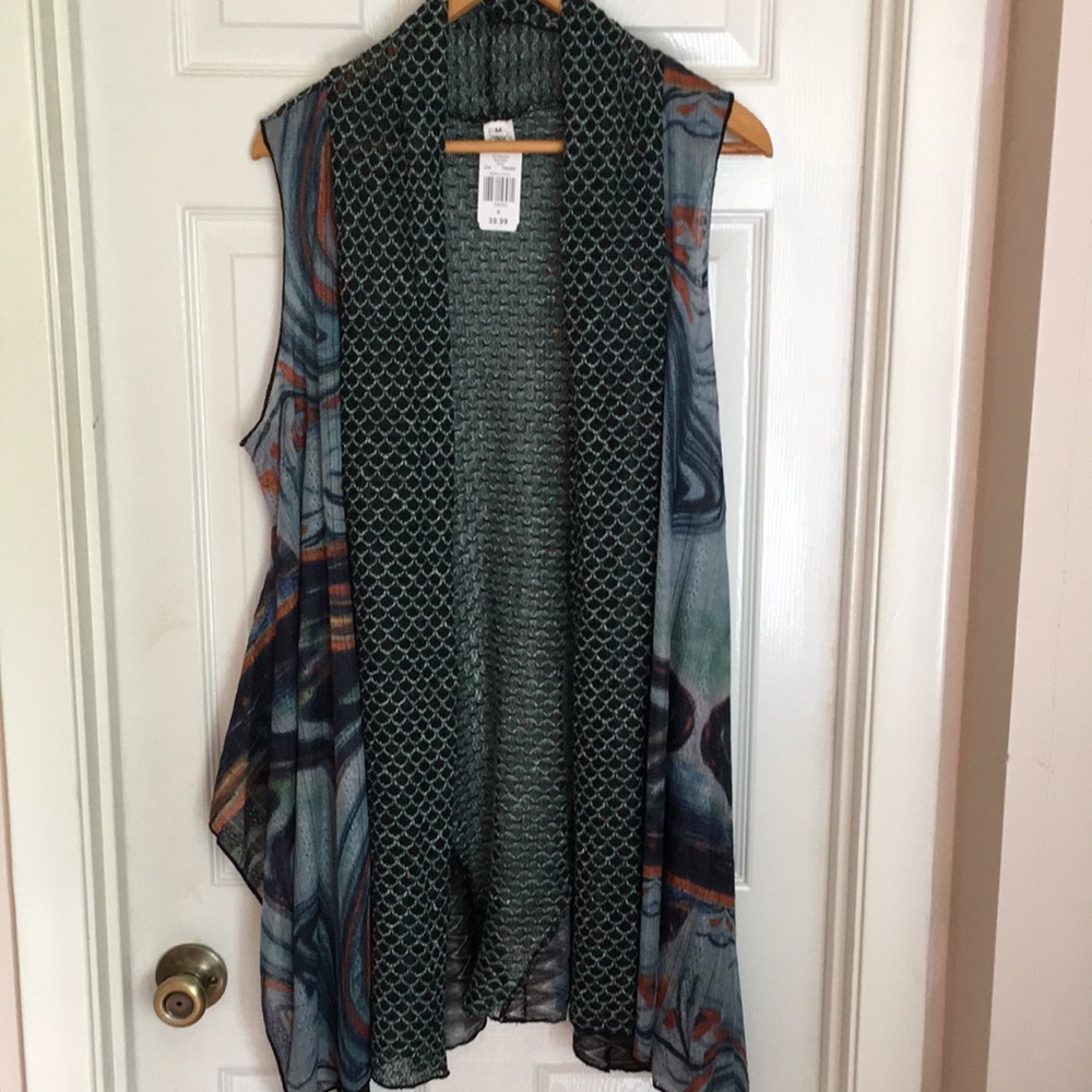 Sleeveless cardigan. Multi-colored with teals and blues. - Picture 1 of 11